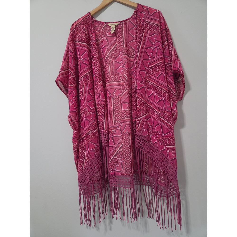 Bit & Bridle Pink Geometric Print Fringe Kimono Wrap One Size Boho Cardigan